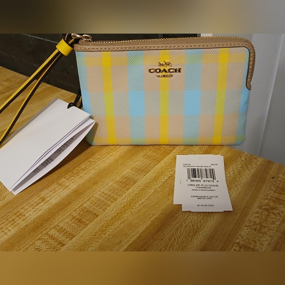 Coach NWT Yellow/ Blue Plaid Corner Zip Wristlet - Picture 1 of 6